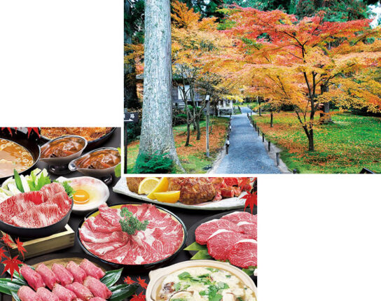 紅葉の京都大原三千院と牛すき焼き＆牛ステーキ食べ放題