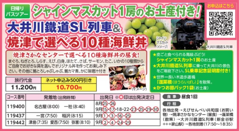 シャインマスカット1房のお土産付き！大井川鐵道SL列車＆焼津で選べる10種海鮮丼