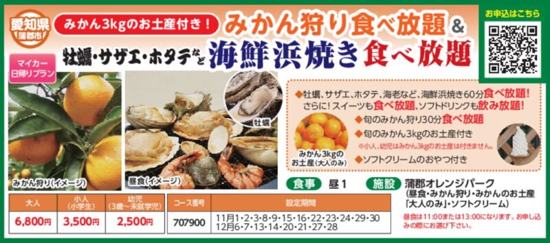 みかん3kgのお土産付き！みかん狩り食べ放題＆海鮮浜焼き食べ放題