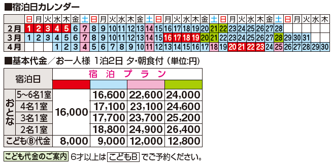 戸田家 2026年2~4月の宿泊日カレンダー