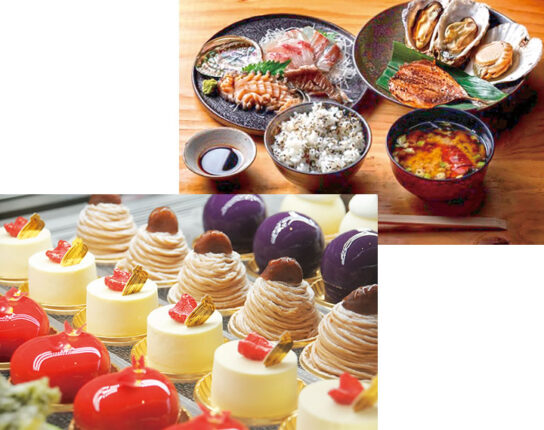 話題のVISONで海女小屋なか川のアワビ・牡蠣付き浜焼き御膳＆辻口パティシエ監修の選べるケーキセット