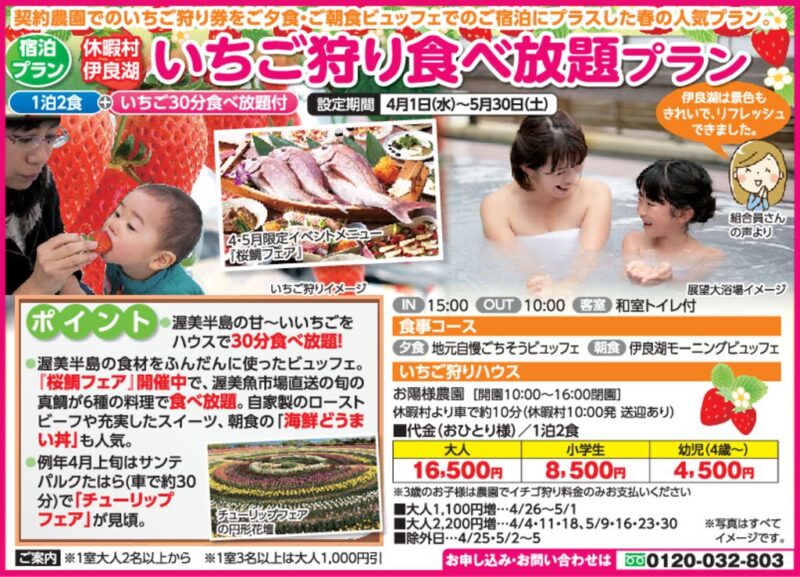 いちご狩り食べ放題プラン（休暇村伊良湖に宿泊）