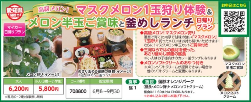 マスクメロン1玉狩り体験＆メロン半玉ご賞味と釜めしランチ