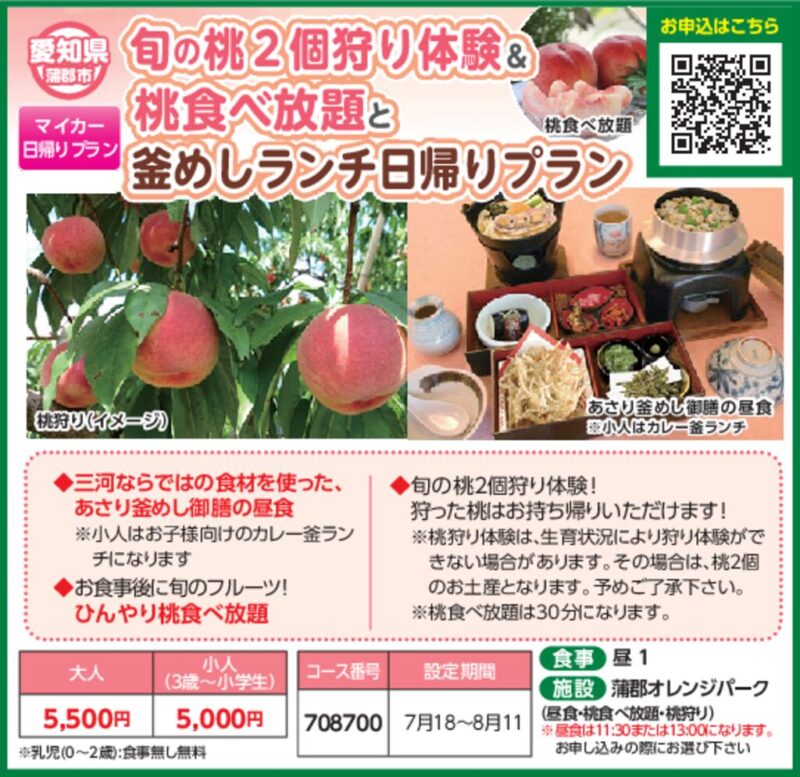 旬の桃2個狩り体験＆桃食べ放題と釜めしランチ日帰りプラン