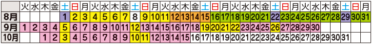 鵜飼:8~10月の宿泊日カレンダー